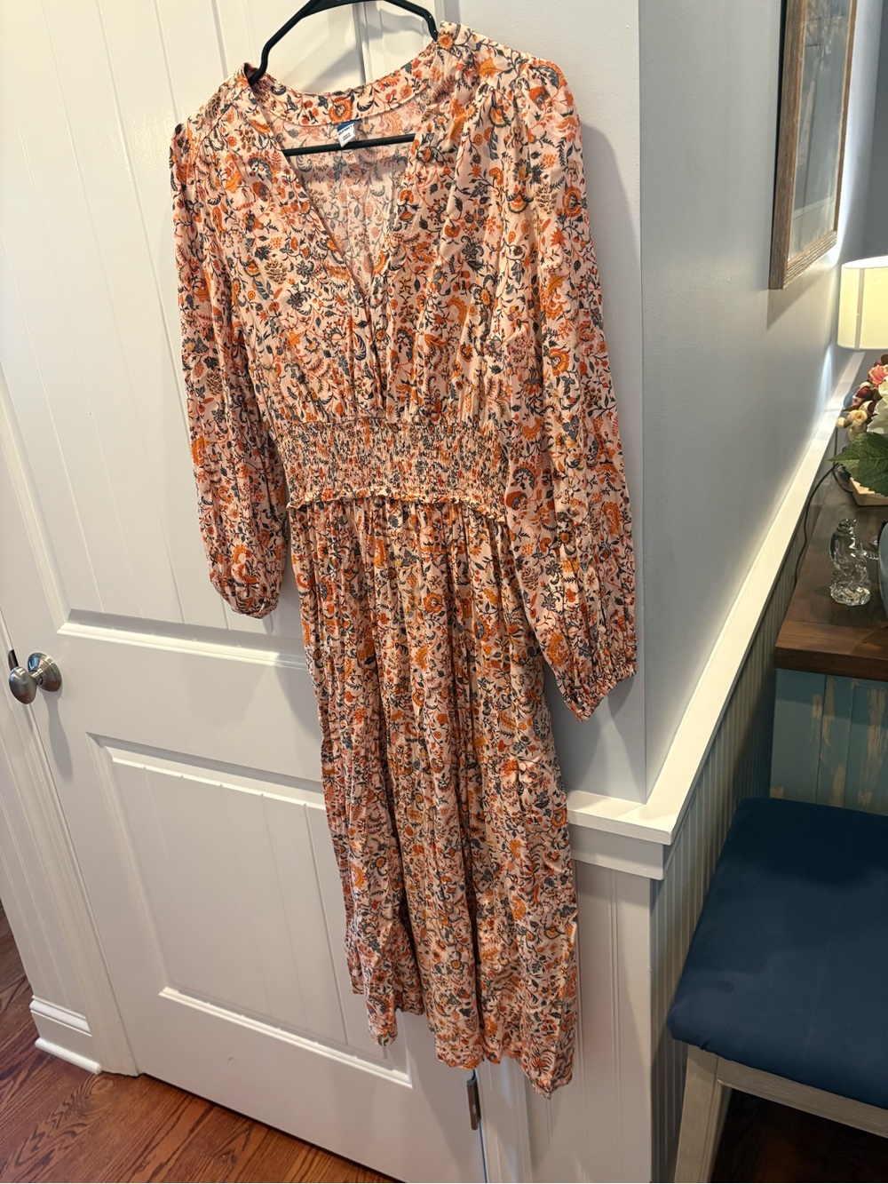 Floral Smocked Waist Long Sleeve Midi Dress -